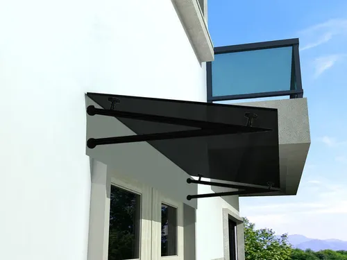 BuyLando (V) Glasvordach 120x90 cm mit Edelstahlhalter - Elegantes Glasvordach aus Grauglas, inklusive stabilen Edelstahlhaltern in Schwarz. Ideal für den Schutz Ihrer Haustür und eine stilvolle Eingangsgestaltung.