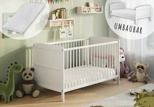 Kids Collective Babybett 70x140 umbaubar mit Matratze - Babybett in Weiß, höhenverstellbar und umbaubar für Kinder von Geburt bis 6 Jahre. Inklusive Matratze und aus hochwertigem Kiefernholz für Sicherheit und Komfort.