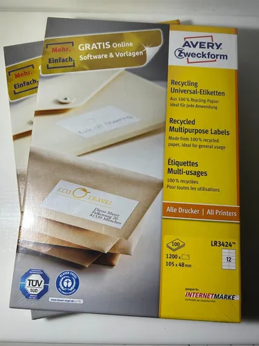 Zweckform LR3424 Etiketten 105 x 48mm Recycling, 1200 Stück - Universal-Aufkleber aus 100% Altpapier, selbstklebend und bedruckbar. Ideal für Kopierer und Drucker, nachhaltig und umweltfreundlich mit dem Blauen Engel.