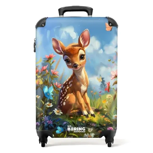 NoBoringSuitcases.com Kinderkoffer Mädchen - Rehkitz Design - Kindergepäck: Leichter Kabinenkoffer (55x40x20 cm) aus robustem ABS mit einzigartigem Rehkitz-Design und integriertem Zahlenschloss für sichere Reisen.