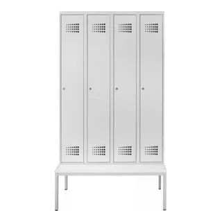 STIER Garderobenspind Premium mit Sitzbankuntergestell – 4 Abteile - Der STIER Premium Garderobenspind bietet sicheren Stauraum mit 4 Abteilen und einem stabilen Sitzbankuntergestell. Ideal für Werkstätten, um Arbeitsbekleidung und Utensilien geordnet zu verstauen.