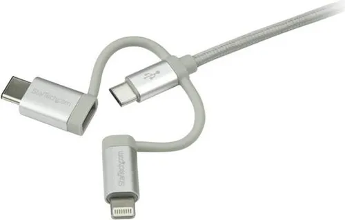 StarTech.com 3-in-1 USB Lightning Kabel - 1m - Geflochten - Silber - USB-Kabel für iPhone, iPad & mehr; geflochtenes Design verhindert Knicken und sorgt für Langlebigkeit, ideal für unterwegs.