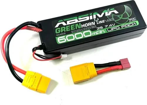 Absima LiPo Akkupack 7.4 V 6000 mAh - Modellbau Akkupack mit hoher Kapazität von 6000 mAh und 50 C Entladerate, ideal für leistungsstarke Anwendungen. Lieferung inklusive XT90 Stecker und T-Plug Adapter.