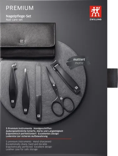 ZWILLING Premium Maniküre Set 5tlg. in Schwarz - Manikürset für umfassende Pflege von Nägeln und Barthaaren. Enthält 5 hochwertige Instrumente aus rostfreiem Edelstahl in modernem Rindleder-Etui, ideal für zuhause und unterwegs.
