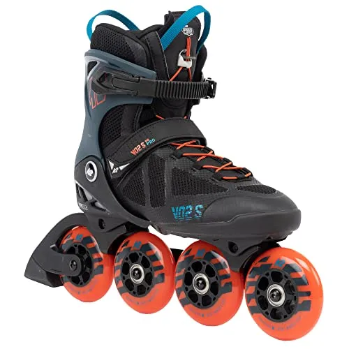 K2 VO2 S 90 Inline Skate 2025 - Schwarz/Blau/Orange - Größe 47 - Inliner für ambitionierte Fitnessskater mit innovativer VO2-S Schiene, die für optimale Dämpfung und Stabilität sorgt. Das Vortech-Ventilationssystem hält die Füße kühl und trocken während langer Trainingseinheiten.