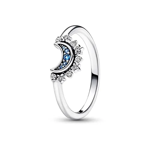 PANDORA Moments Himmlisch Funkelnder Blauer Mondring - Bead Charms für Damen, handveredelter Sterling Silber Ring mit Mondsichelmotiv und tiefblauem Pavé, symbolisiert Erleuchtung und Harmonie.