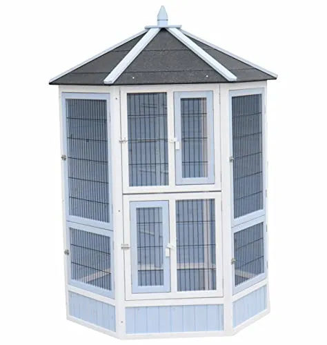 Dehner Lieblinge Vogelvoliere Santorini, Weiß/Blau - Sonstiger Kleintierbedarf mit wetterfestem Dach und 8 Zugangsmöglichkeiten für eine einfache Reinigung. Ideal für Kanaren und Wellensittiche, bietet viel Platz und sorgt für Wohlfühlatmosphäre.