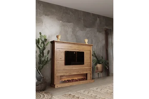 Luxuriöse Wohnwand mit LED-Beleuchtung - Elegante Wohnwand für das Wohnzimmer, ausgestattet mit stilvoller LED-Beleuchtung und Kaminoptik. Maße: 205 x 35 x 170 cm. Ideal für einen modernen Wohnstil.