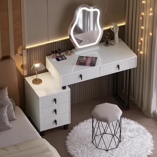 Woltu Schminktisch mit Wolken-Spiegel und LED-Beleuchtung - Eleganter Schminktisch mit abnehmbarem Wolken-Spiegel und dimmbarer LED-Beleuchtung. Ideal für die perfekte Kosmetik- und Hautpflege-Routine. 5 Schubladen bieten viel Stauraum für Ihre Produkte.