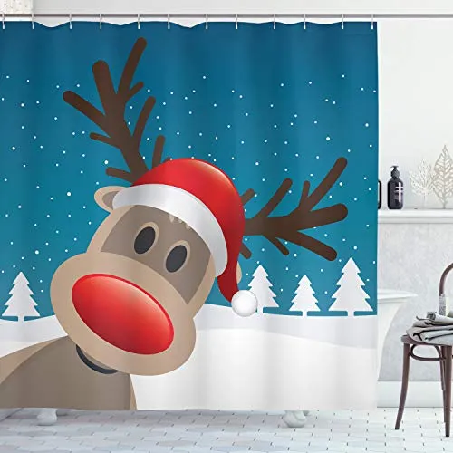 ABAKUHAUS Weihnachten Duschvorhang, Noel Fun Nursery Cartoon, Stoffliches Gewebe Badezimmerdekorationsset mit Haken, 175 x 180 cm, Rot Braun