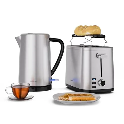 Klarstein Verosteel Toaster Wasserkocher Set - Edelstahl - Frühstücksset mit 2-Scheiben Toaster und 1,7L Wasserkocher, 7 Bräunungsstufen für individuelles Toasten und schnelles Kochen mit LED-Anzeige.