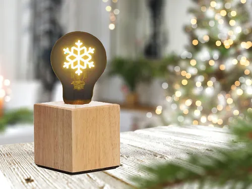 Kleine Tischlampe Würfel Holz 9x9cm mit Deko LED Glühbirne Schneeflocke Gold - Kinderlampen mit stimmungsvollem Deko LED Leuchtmittel in Schneeflocken-Design, ideal für eine gemütliche Weihnachtsatmosphäre und vielseitig einsetzbar.