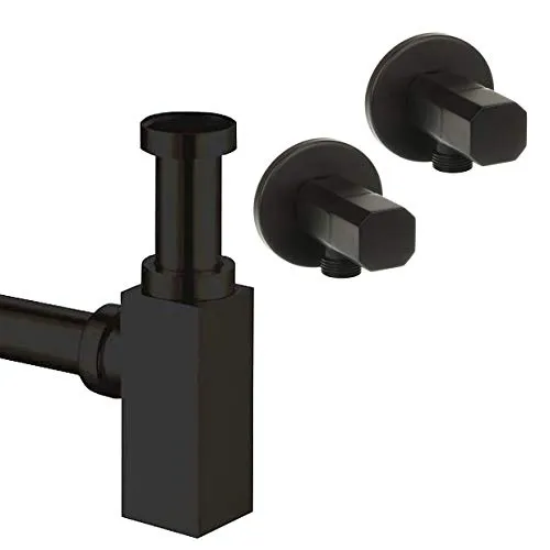 Design Siphon Set eckig schwarz matt mit Eck-Ventilen - Siphons für Waschbecken, aus robustem Messing, modernes Design und einfache Reinigung durch Reinigungsöffnung.