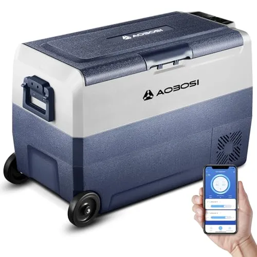 AAOBOSI Kompressor Kühlbox 50 L, Kühlbox Auto Mit APP-Steuerung, 12/24 V und 100-240 V Kühlbox Elektrisch, bis -20 °C für Auto, LKW, Boot, Reisemobil, Camping, Dual Zone und Zwei Temperaturen
