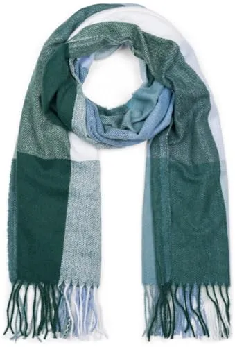 styleBREAKER Unisex weicher Karo Schal mit langen Fransen, bunt kariert, warme Winter Stola mehrfarbig 01017110, Farbe:Dunkelgrün-Hellblau-Weiß