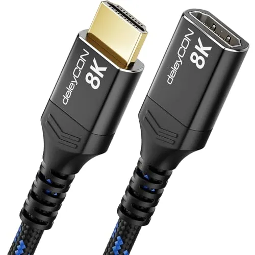 deleyCON 2m 8K HDMI 2.1 Verlängerungskabel 48Gbps | Für TV, Monitor, PS4, PS5, Xbox, Dolby Atmos Soundbar, eARC, HDR10+, Kabel Verlängerung, Kupplung, Adapter, 8K@60Hz