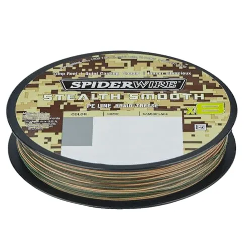 Spiderwire Stealth Smooth 8 Geflochtene Schnur 150 M Camo - Hochwertige 150 m Angelschnur für Zander und Hecht. Das weiche, achtfache Geflecht ermöglicht hohe Wurfweiten und hervorragende Knotbarkeit. Ideal für Spinnfischen in Salz- und Süßwasser.