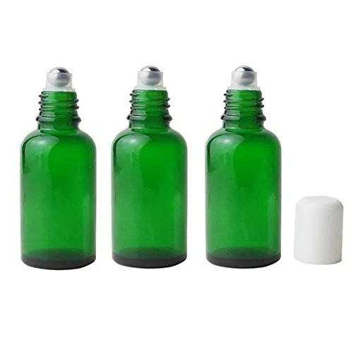 VASANA Leere, nachfüllbare grüne Glasflaschen für ätherisches Öl, 30 ml, für ätherische Öle, Parfüm, Kosmetik, Probenverpackung, Gläser mit Metall-Rollerkugel und weißer Kappe, 3 Stück