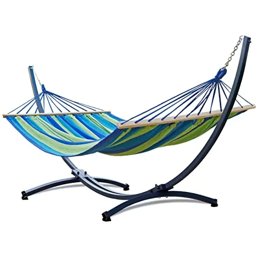 Potenza Outdoor Hängematte mit Gestell für 2 Personen I Stabhängematte XXL 220x160, 200kg I Hängemattengestell 220kg Wetterfest (Grün-Blau, Basic Gestell Graphit)