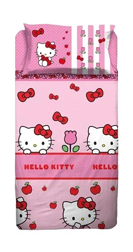 hermet Hello Kitty, Bettwäsche-Set für Einzelbett, Bettlaken, Spannbettlaken, Kissenbezug, Rosa, 100% Baumwolle, offizielles Produkt