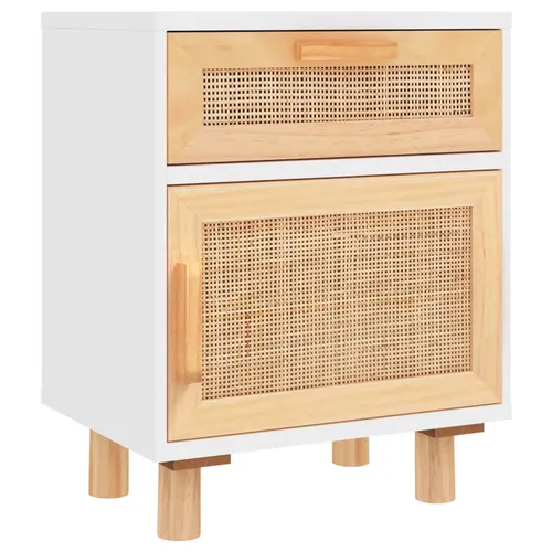 Nachttisch Weiß Massivholz Kiefer und Natur-Rattan von furnicato