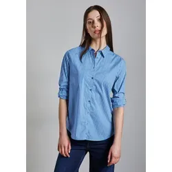 Langarmbluse STREET ONE, Damen, Gr. 44, blau (silber lake blau), Web, 79% Baumwolle, 19% Nylon, 2% Elasthan, gestreift, gerade normal, V-Ausschnitt, Bündchen, Blusen, im soften Baumwoll-Mix