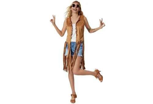 tectake® Damenkostüm Hippie Weste - Kostüme für Fasching oder Mottopartys, ideal für Flower-Power-Fans mit passendem Zubehör für den authentischen 60er und 70er Jahre Look.