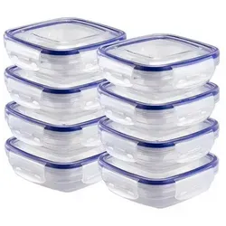 Grizzly Kunststoff Frischhaltedosen Set, 8x quadratische Vorratsdosen - Vorratsdosen-Set mit 8 flachen, stapelbaren Dosen, luftdicht und ideal für Küche, Kühlschrank und Mikrowelle (ohne Deckel). Perfekt für Soßen, Dips und unterwegs!