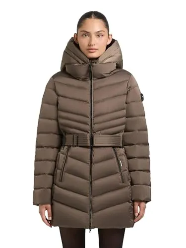 khujo Damen langer Steppmantel warme Winterjacke mit herausnehmbarem Inlayer, abnehmbarem Taillengürtel, verstellbarer Kapuze und 2-Wege-Reißverschluss Kina Cane Brown Gr. L