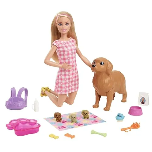 Barbie Newborn Pups Playset - Puppe mit blonden Haaren, 3 Welpen & 10 Accessoires, interaktive Geburtserfahrung für Kinder von 3 bis 7 Jahren