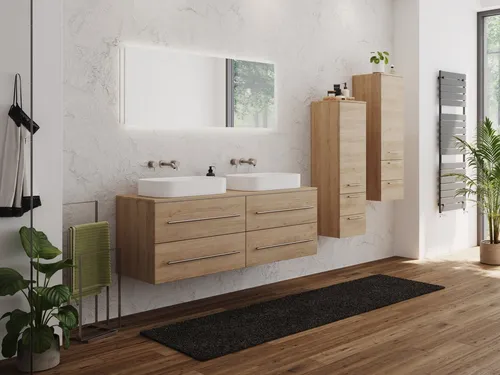 Magnolia Home Badmöbel-Set CHARLIE C 143 mit Aufsatzbecken - Hochwertiges Badmöbel-Set mit 2 Badschränken und LED-Spiegel. Praktische Softclose-Schubladen und langlebige Materialien für eine stilvolle Badezimmergestaltung.
