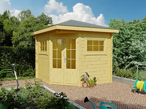 Fjordholz 5-Eck Gartenhaus Modell Evelyn 2A - Hochwertiges 5-Eck Gartenhaus aus massive nordischer Fichte mit stabiler Dachkonstruktion, ideal für Ihren Garten. Individuelle Anpassungen und viele Farbtöne verfügbar. Perfekt für entspannte Stunden im Freien!