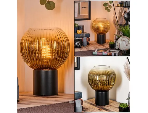 Hofstein Tischleuchte im Retro-Vintage-Design - Elegante Tischlampe aus Metall und Riffelglas in Schwarz und Gold, ideal für stilvolle Innenräume. Ohne Leuchtmittel, E27 Fassung, 1-flammig, Höhe 27 cm, Durchmesser 11 cm.