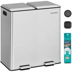 Mülleimer Küche, 2 x 30 L, 2 Fächer, Mülltrennsystem, Softclose, herausnehmbare Inneneimer, Pedalen, Edelstahl, metallicsilber
