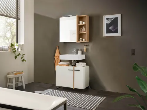 moebel-dich-auf Badezimmer Badmöbel Messina Set 4 - Komplettprogramm für Badezimmer mit eleganten Stangengriffen und Softclose-Funktion. Der Spiegelschrank bietet zusätzlichen Stauraum und integrierte Beleuchtung für ein stilvolles Ambiente.