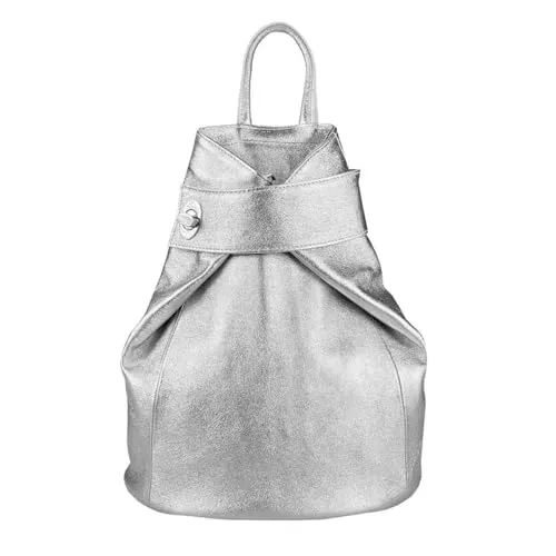 Made in Italy OBC Damen echt Leder Rucksack Daypack Lederrucksack Tasche Schultertasche Ledertasche Handgepäck Nappaleder Reiserucksack Shopper Silber