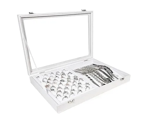 Schmuckkasten Schmucklade Schaukasten Schmuckdisplay mit Glasdeckel weiss (2 in 1 für Ketten Ringe)