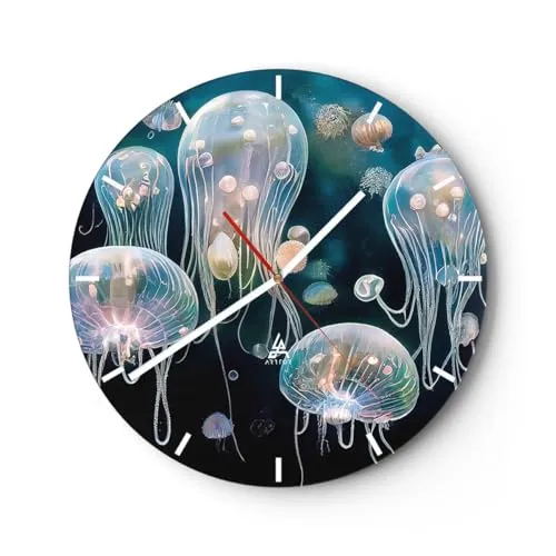 Modern Wanduhr Qualle Tiere Tiefe 40x40cm Rund Groß Wand Uhr Glas Analog Zimmeruhren Küche Büro Wohnzimmer Glasuhr Wall Clock Dekoration Design Wanddekoration Küchenuhr C3AR40x40-5609