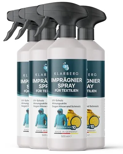 Klarberg Imprägnierung für Textilien - 4er Set - Wasserabweisendes Imprägnierspray für Textilien, ideal zum Schutz vor Schmutz und Flecken. Universell einsetzbar für Sofa, Markise und Skibekleidung. Biologisch abbaubar und nachhaltig.