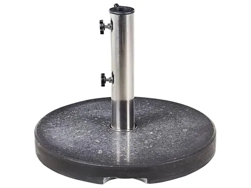 Beliani Garten Sonnenschirmständer Granit/Edelstahl rund schwarz ⌀ 45 cm - Schirmständer aus wasserabweisendem Granit und Edelstahl, stabil und langlebig. Mit Arretierschraube für sicheren Halt und praktischen Tragegriffen für einfachen Transport.