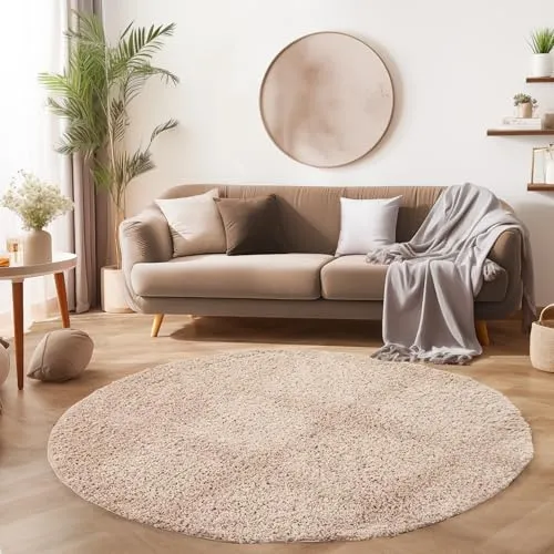 SIMPEX Flauschiger Teppich Rund Wohnzimmer Beige Schlafzimmer Läufer Flur Esszimmer Küchenteppich Hochflor Einfarbig Modernes Design 30 mm Florhöhe Kuschelweich Größe: 120 cm Rund