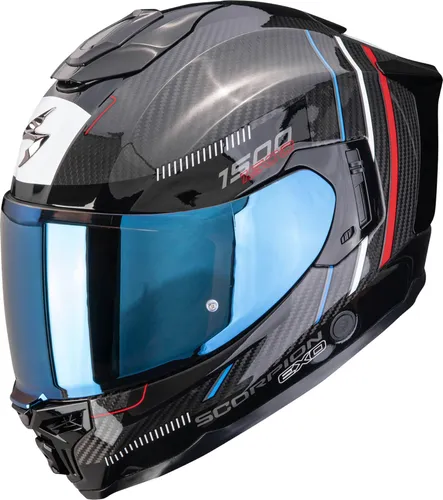 Scorpion Exo-1500 Carbon Air Zity Integralhelm, schwarz/rot/blau, 2XL (63/64) - Leichter Carbon Integralhelm für Touringfahrer, mit individuellem AirFit™-System, effizienter Belüftung und elegantem Design – ideal für lange Strecken.
