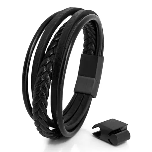 Akitsune Pax Lederarmband - Mattschwarz 18cm - Elegantes Lederarmband für Damen und Herren mit magnetischem Verschluss, federleicht und klimaneutral produziert. Ideal als persönliches Geschenk in stilvoller Schmuckbox.