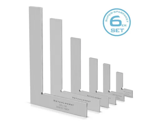 STAHLWERK Flachwinkel 90° Set 6-teilig - Anschlagwinkel aus rostfreiem Edelstahl nach DIN 875/1, ideal für präzise Winkelprüfungen und Anreißarbeiten im Stahl- und Metallbau.