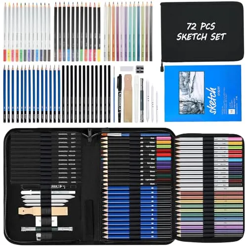 Cozii 72 Zeichnung Skizzen Kit Set, Pro Art Supplies mit Skizzenbuch, Aquarell, Graphit, Bunt, Metallic, Kohle Bleistift, Zeichensatz für Erwachsene Teens Anfänger