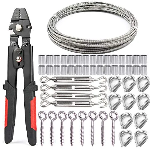 Nikang Drahtseil Crimpzange Set, Stahlseil Presszange + 30M 2mm Edelstahl Drahtseil + 4 Stück M5 Edelstahl Spannschloss + 8 Stück ösenschraube + 30 Stück klemmhülsen aus aluminium + 10 Stück Kausche