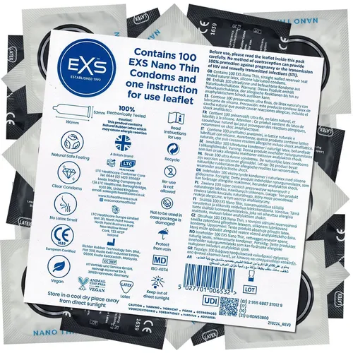 EXS Nano Thin Kondome – 100 Stück - Der EXS Vorratsbeutel «Nano Thin» enthält 100 ultradünne Kondome für ein intensives Gefühl der Nähe. Hergestellt aus hochwertigem Naturkautschuklatex, bieten sie zuverlässigen Schutz und Komfort für ein natürliches Erlebnis.
