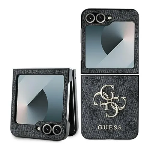 Guess Schutzhülle für Samsung Galaxy Z Flip 6 - Elegantes 4G Muster in Grau-Schwarz - Handyhüllen mit hochwertigem 4G-Muster und GUESS-Logo. Schützt vor Kratzern und Stößen, bietet rutschfesten Griff und perfekten Zugang zu Tasten und Anschlüssen.