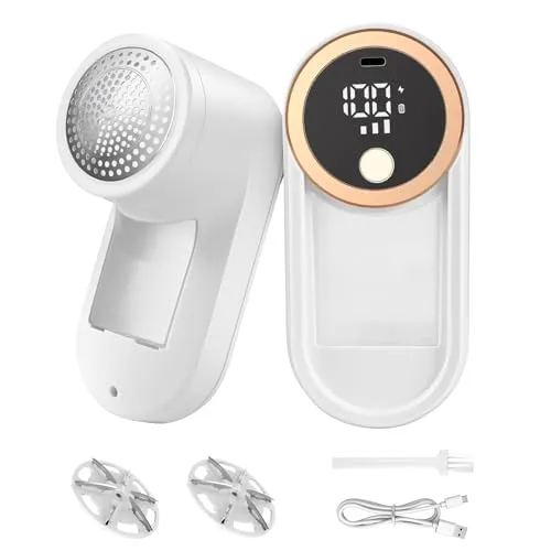 Weinsamkeit Fusselrasierer Elektrisch, Tragbarer Fusselentferner Aufladbar mit 3 Geschwindigkeiten und LED-Anzeige, 2 6-Klingen-Kopf Fusselfräse Elektrische Fusselentferner für Verschiedene Stoffe