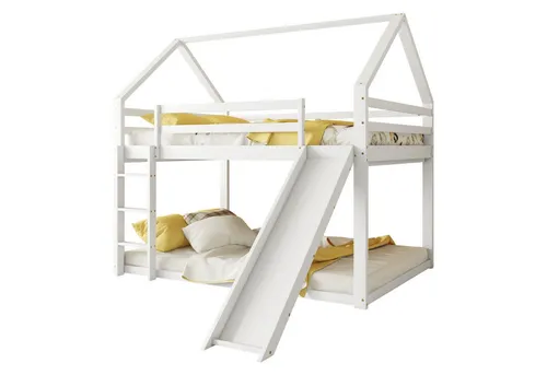 OKWISH Kinderbett Hausbett Etagenbett mit Rutsche (140x200cm, Weiß) - Spielerisches Hausbett mit Rutsche für Kinder, das einen gemütlichen Schlafplatz und einen Spielbereich bietet. Aus robustem Kiefernholz gefertigt, sorgt es für Sicherheit und Freude im Kinderzimmer.